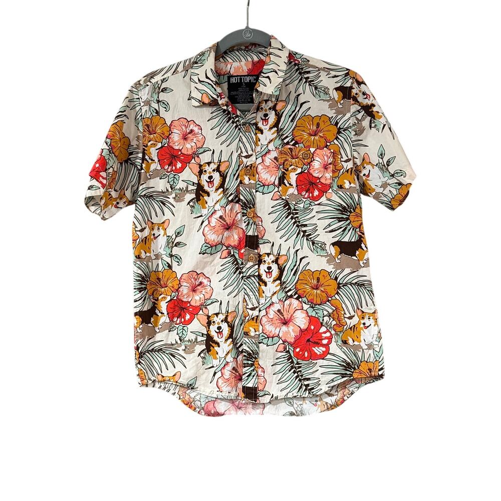 Men's Hot Topic Shirt Multicolor Corgi Vibes Size Small Hawaiian Surf Tropical